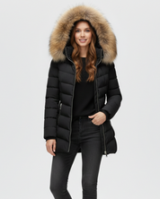 Lange gewatteerde dames winterjas met faux fur capuchon – Anne
