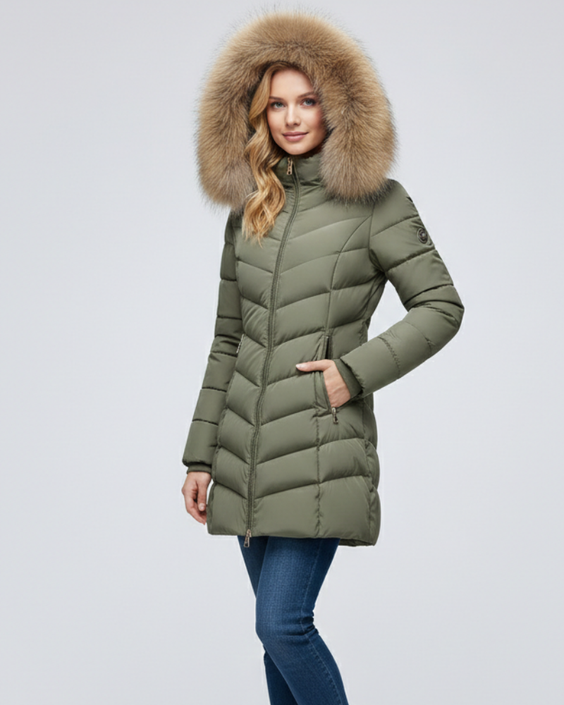 Lange gewatteerde dames winterjas met faux fur capuchon – Anne