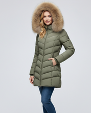 Lange gewatteerde dames winterjas met faux fur capuchon – Anne