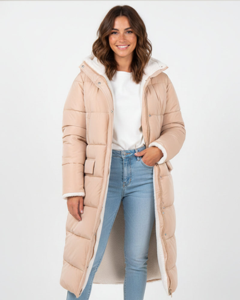 Lange teddy gevoerde dames winterjas met capuchon – Celestine Beige / XS - AIDA LENA