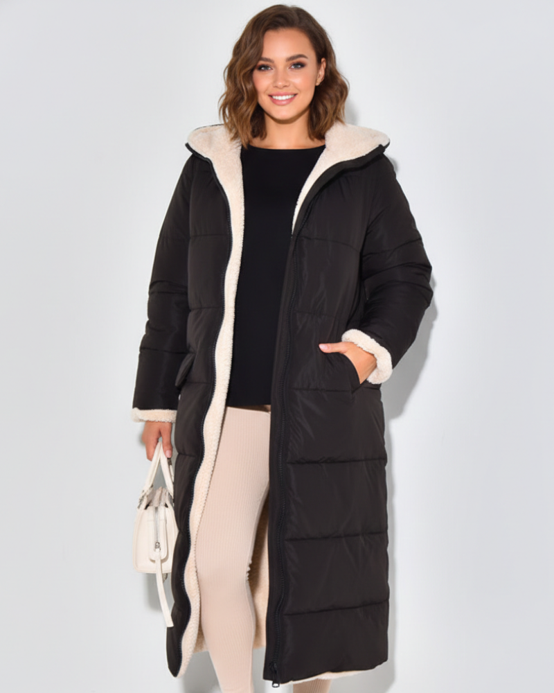 Lange teddy gevoerde dames winterjas met capuchon – Celestine Zwart / XS - AIDA LENA