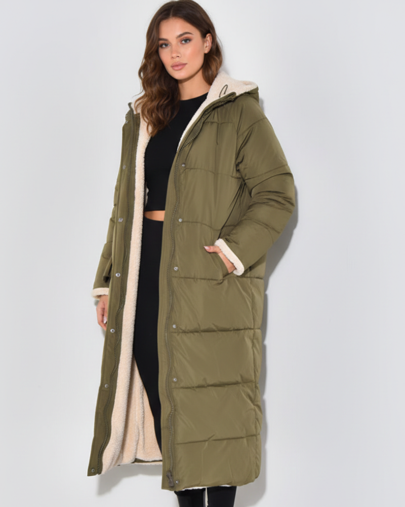 Lange teddy gevoerde dames winterjas met capuchon – Celestine Groen / XS - AIDA LENA