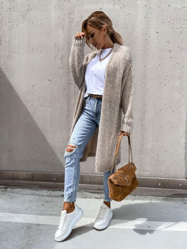 Lang gebreid damesvest voor het tussenseizoen – Noëlle