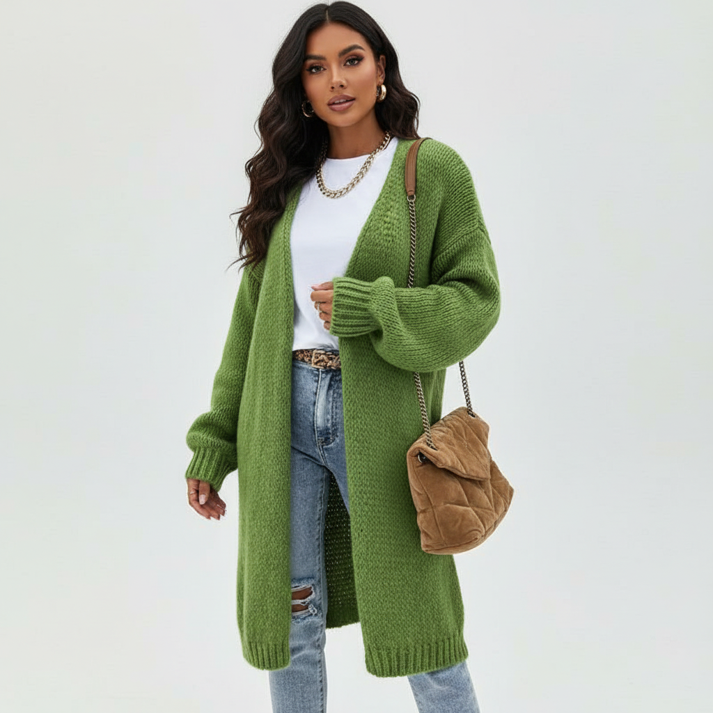 Lang gebreid damesvest voor het tussenseizoen – Noëlle