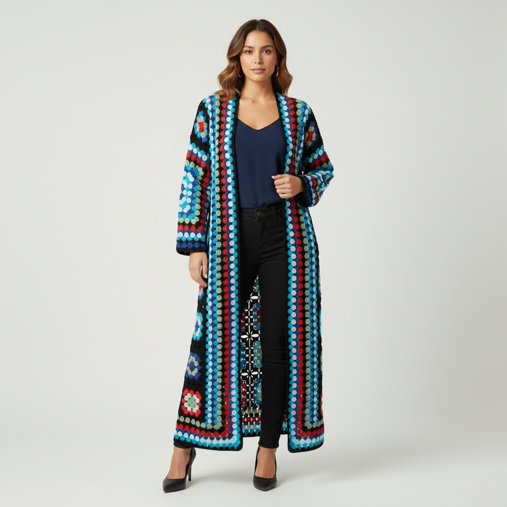 Lang kleurrijk gehaakt damesvest – Marisol