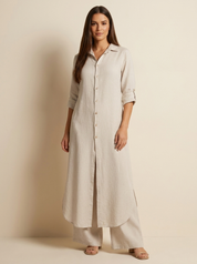 Linnen dames set met lange blouse en wijde broek
