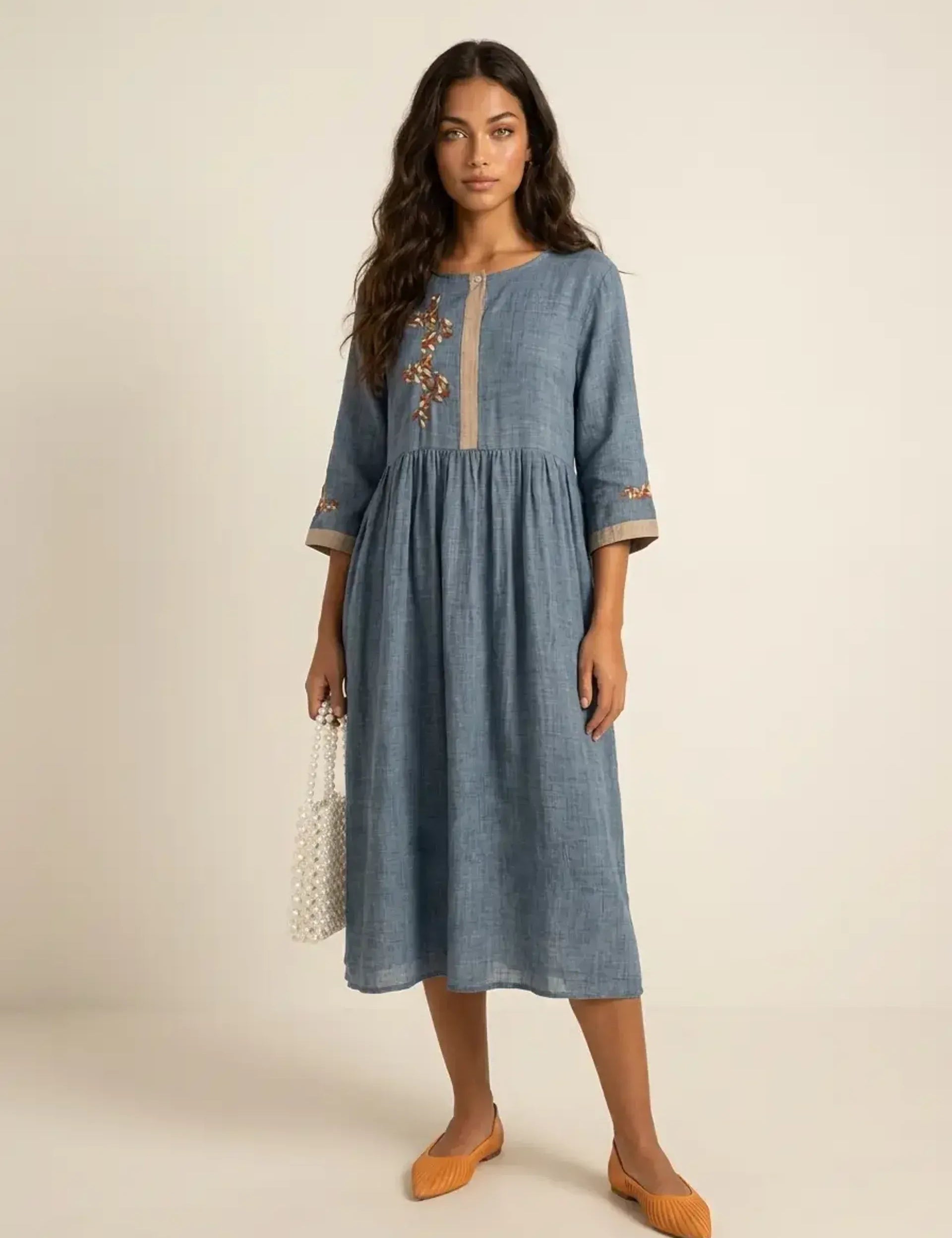 Linen midi dress with embroidery – Elara