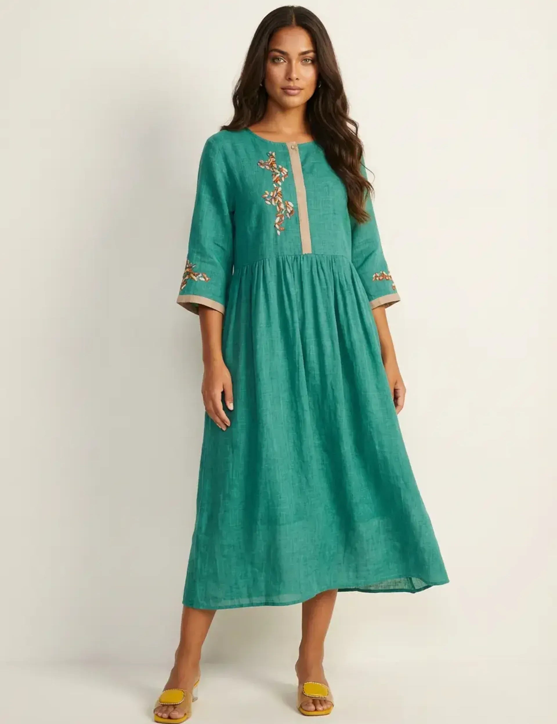 Linen midi dress with embroidery – Elara