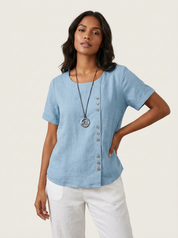 Linnen dames blouse met sierknopen en ronde hals – Elowen