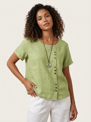 Linnen dames blouse met sierknopen en ronde hals – Elowen