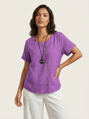 Linnen dames blouse met sierknopen en ronde hals – Elowen