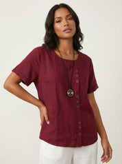 Linnen dames blouse met sierknopen en ronde hals – Elowen