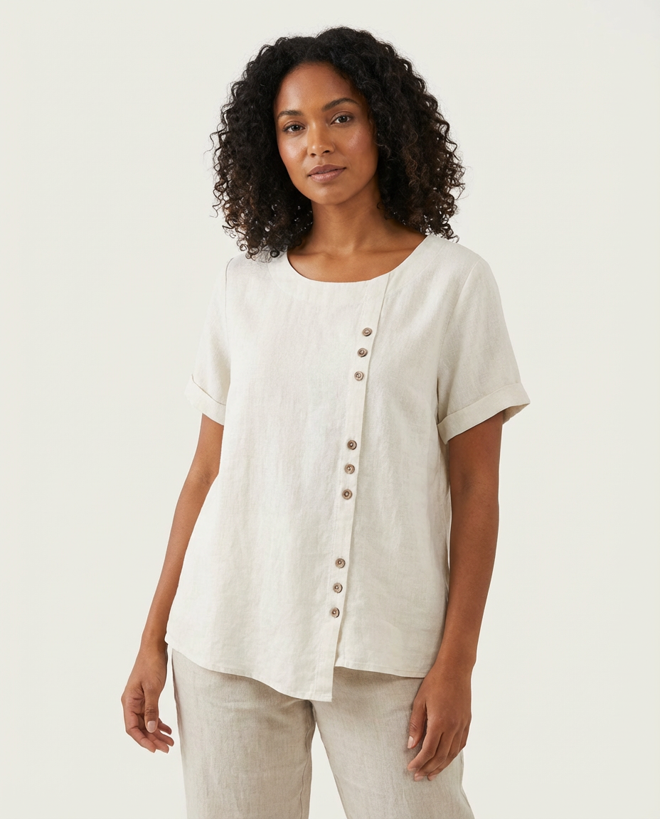 Linnen dames blouse met sierknopen en ronde hals – Elowen