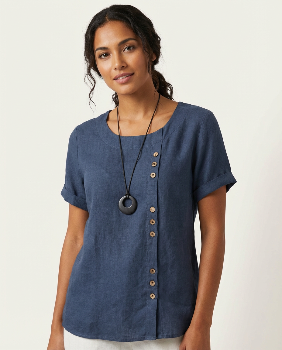 Linnen dames blouse met sierknopen en ronde hals – Elowen