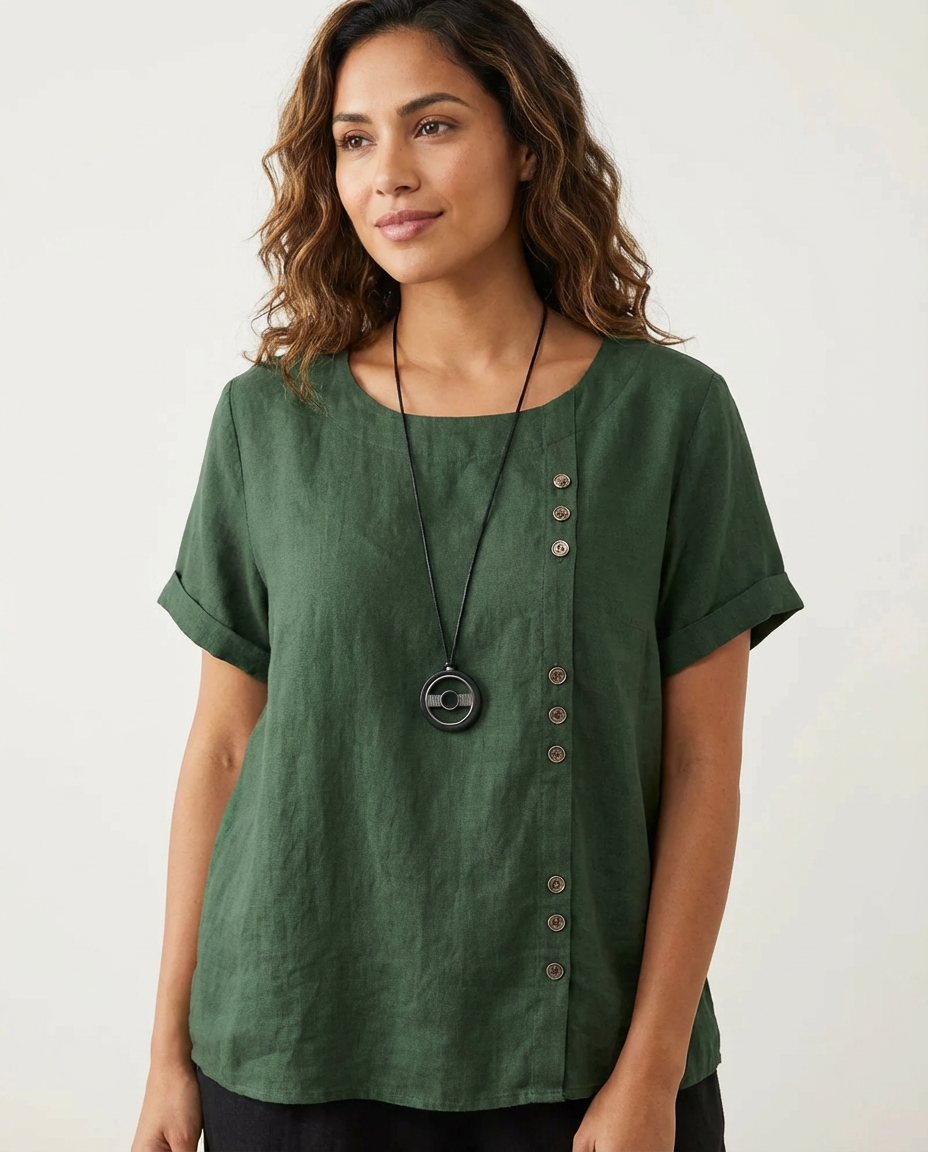 Linnen dames blouse met sierknopen en ronde hals – Elowen