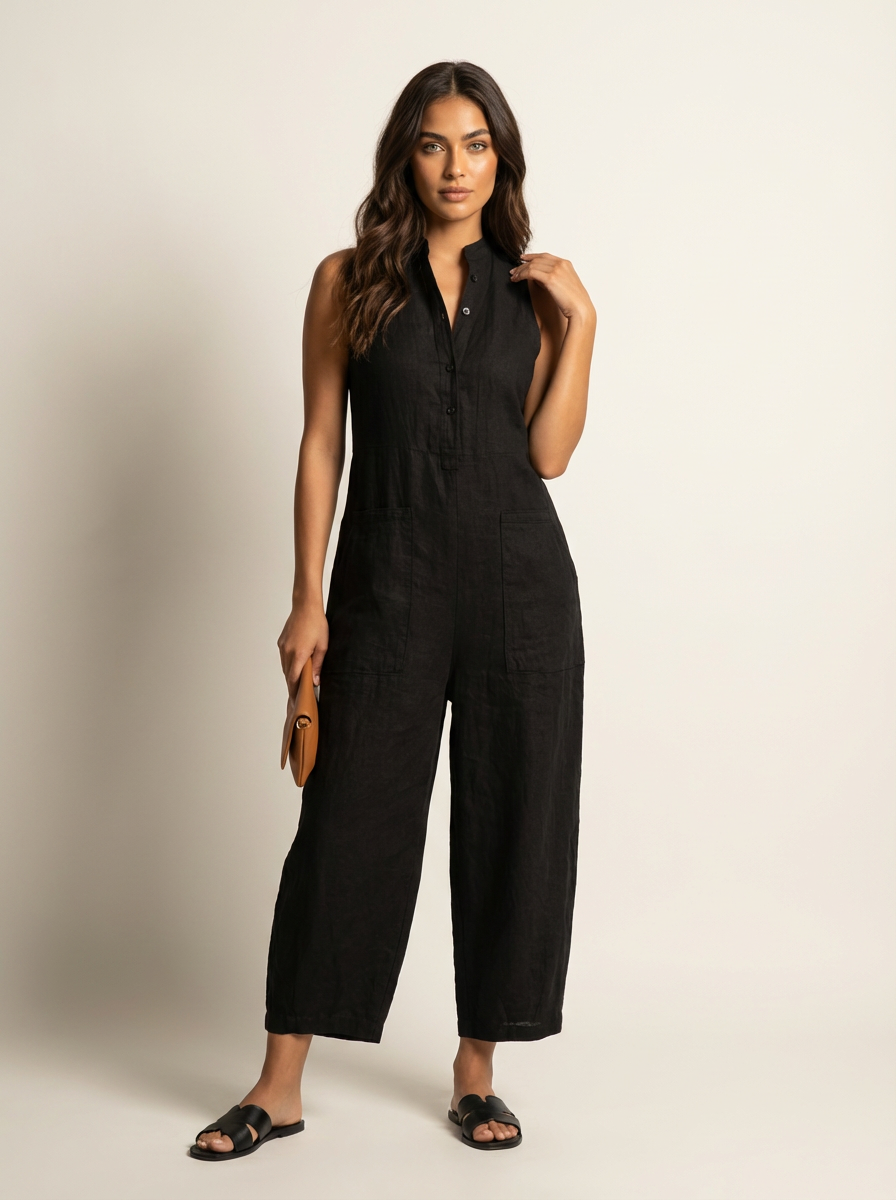 Linnenlook dames jumpsuit met wijde pijpen - Nova