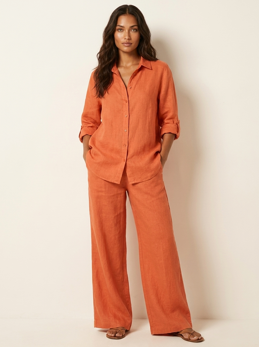 Linnenlook tweedelige set met wijde broek - Emma