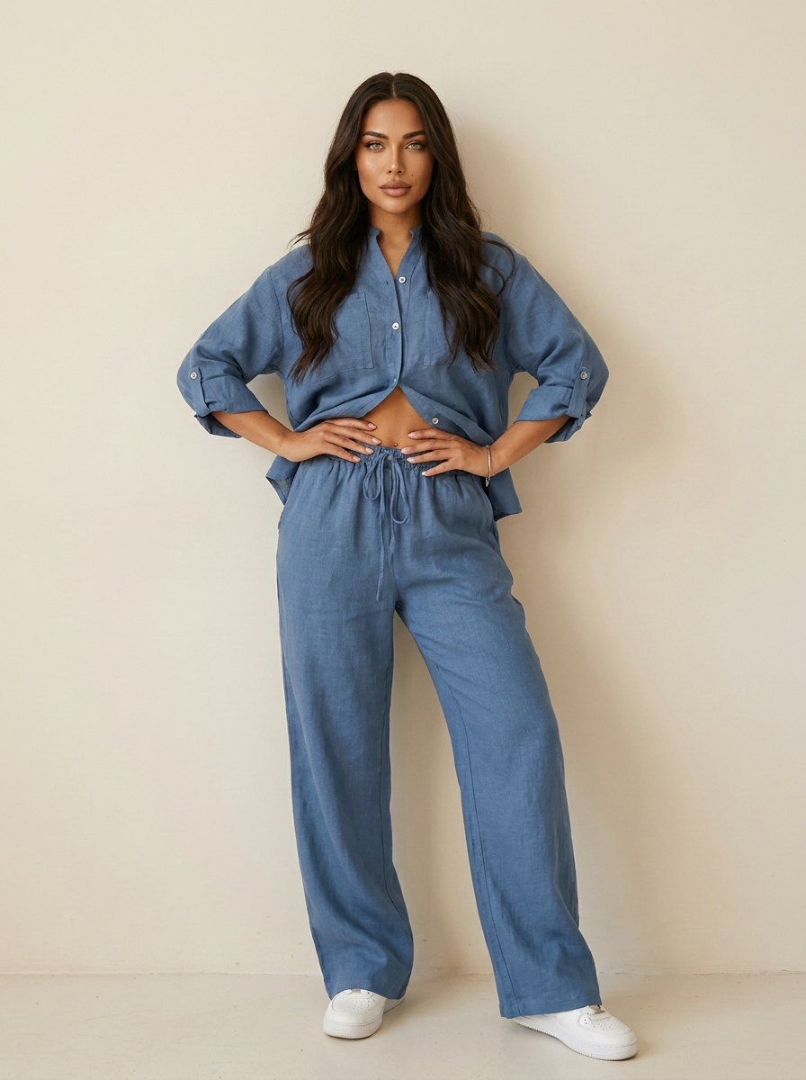 Linnenlook tweedelige set met wijde broek - Mila