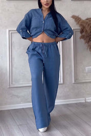 Linnenlook tweedelige set met wijde broek - Mila