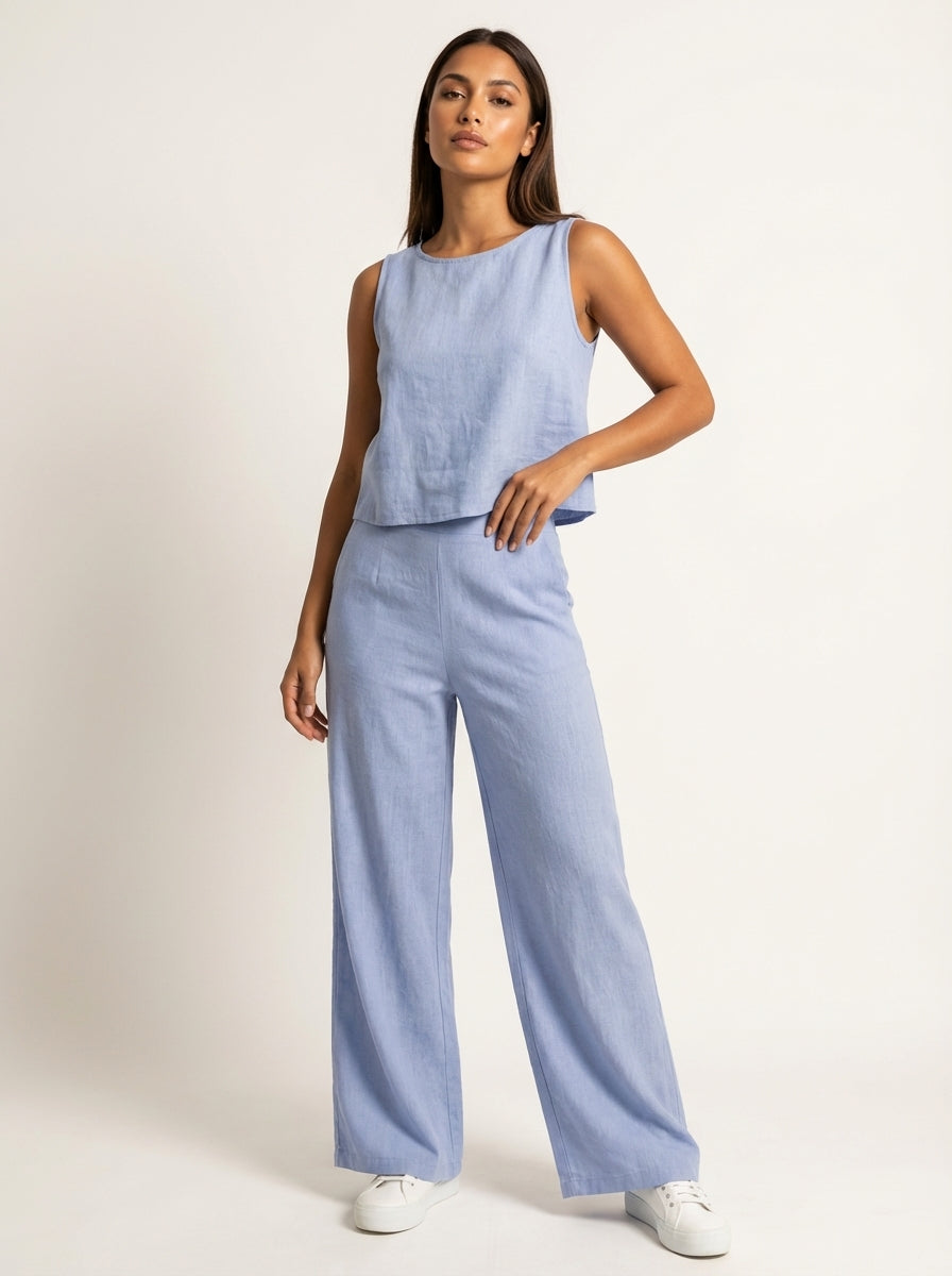 Linnen tweedelige dames set met top en wijde broek – Amara