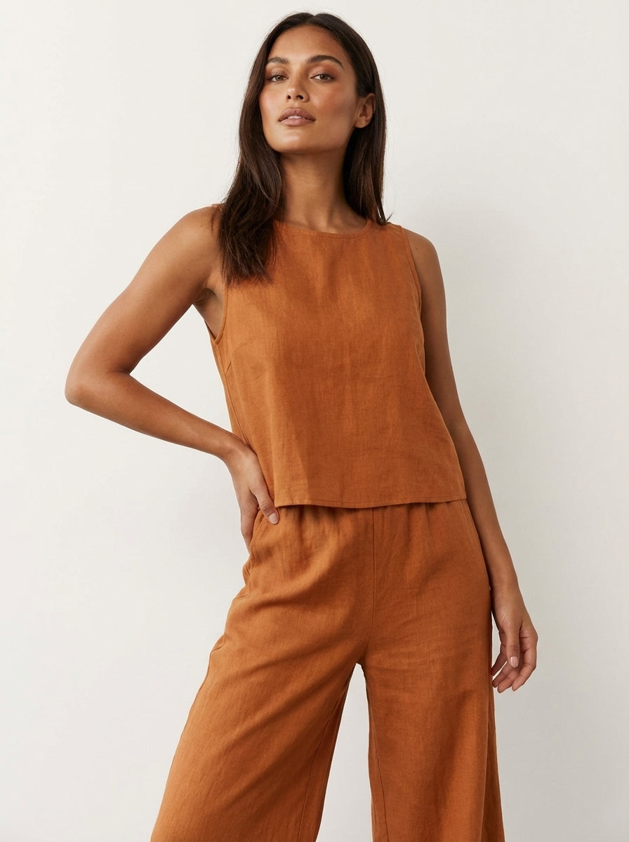 Linnen tweedelige dames set met top en wijde broek – Amara