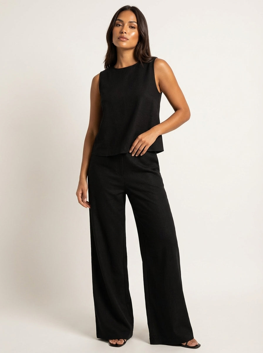 Linnen tweedelige dames set met top en wijde broek – Amara