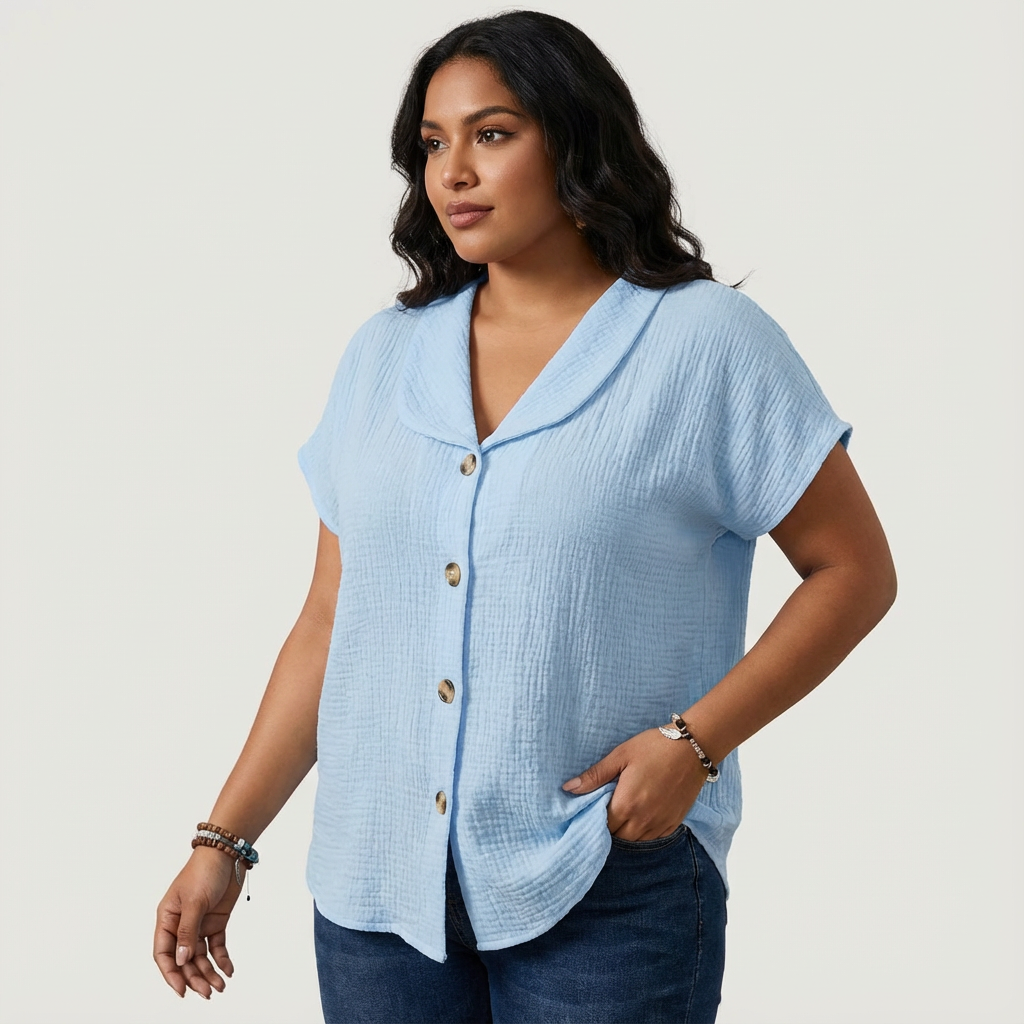 Lightweight blouse with button fastening and short sleeves
