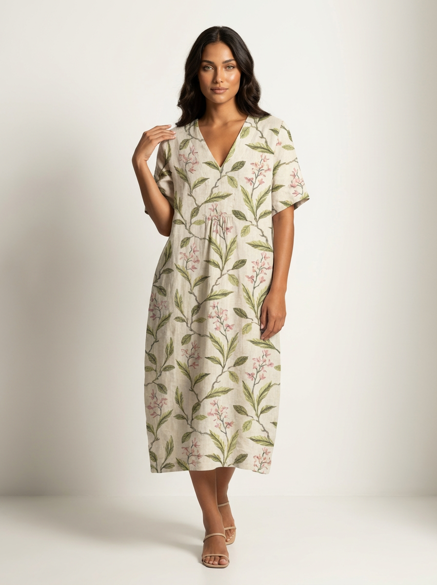 Luchtige midi damesjurk met natuurprint - Elin
