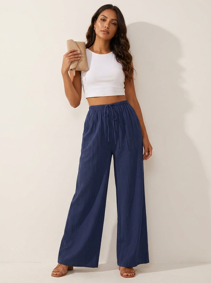 Luchtige wide leg broek met trekkoord - Isla