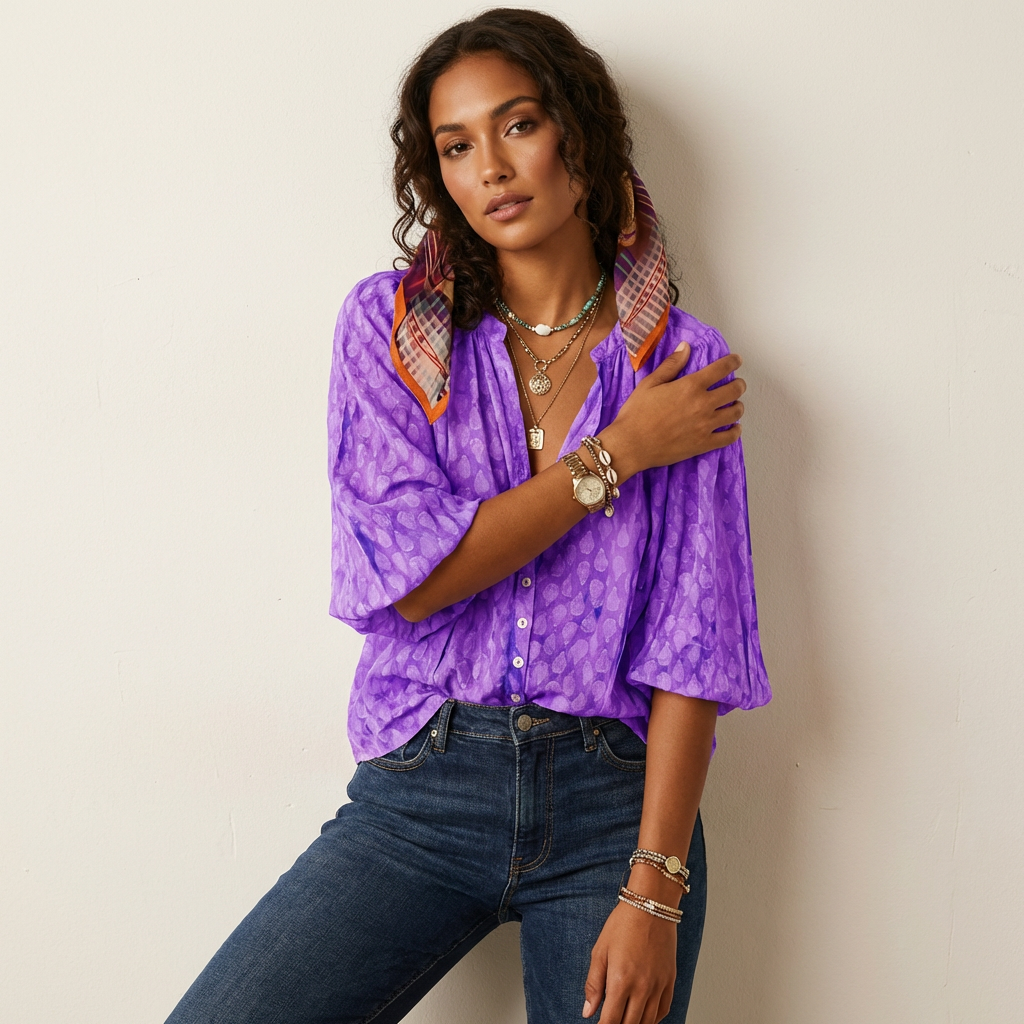 Lightweight boho blouse with print and button closure – Elif