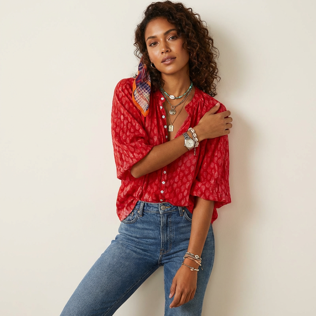Luchtige boho blouse met print en knoopsluiting – Elif