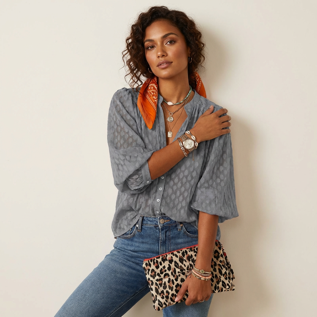 Lightweight boho blouse with print and button closure – Elif