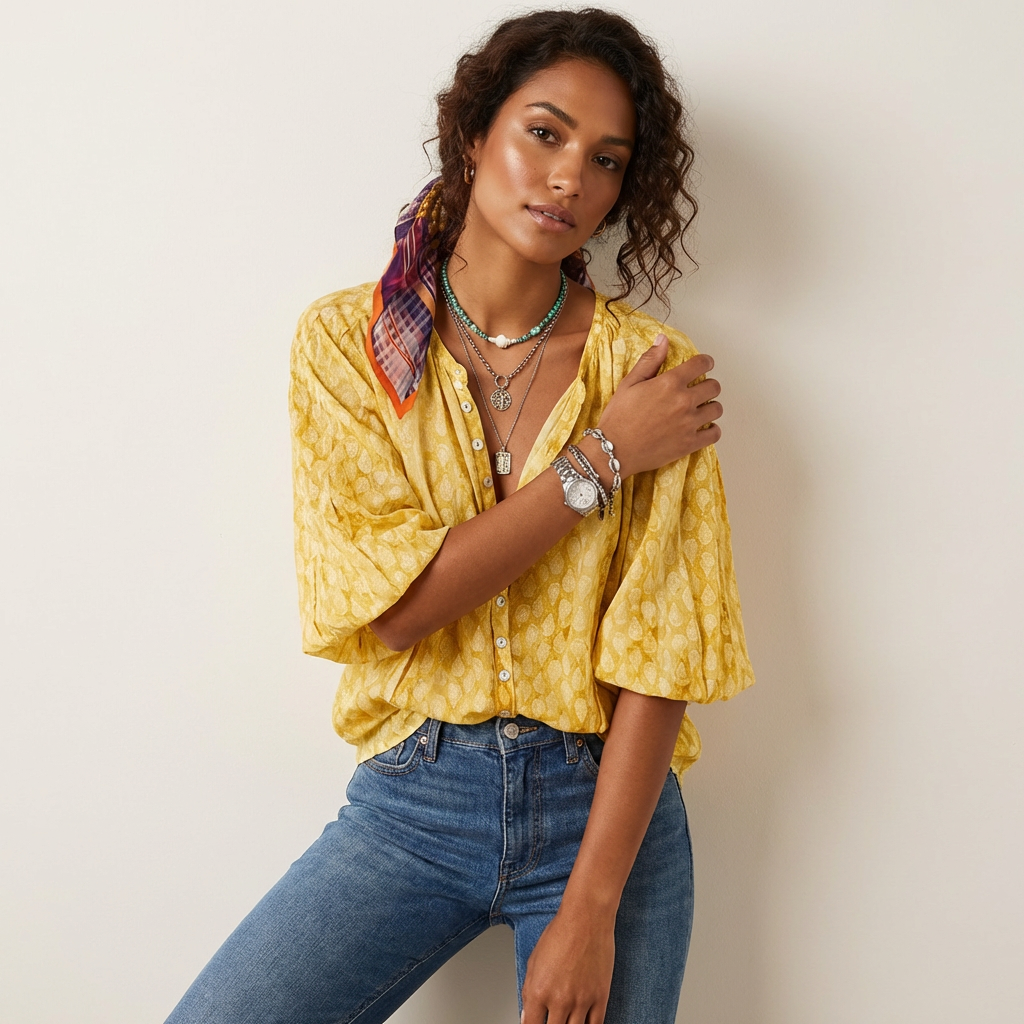 Lightweight boho blouse with print and button closure – Elif