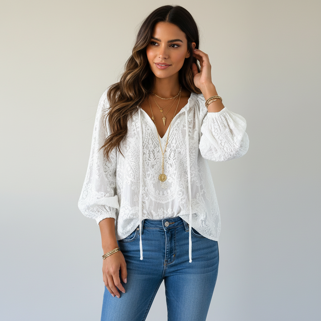 Luchtige kanten blouse met bohemian uitstraling - Kelly