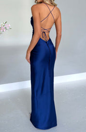 Maxi jurk met split en satijnglans – navy