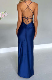 Maxi jurk met split en satijnglans – navy