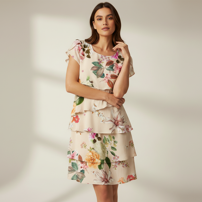 Elegante midi-jurk voor dames met bloemenprint en ruches, perfect voor feestjes en speciale gelegenheden – Fleur
