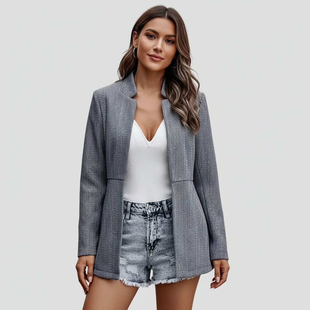 Moderne lange dames blazer met open kraag – Elodie