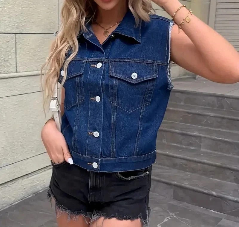 Mouwloos denim dames vest met zakken – Elin