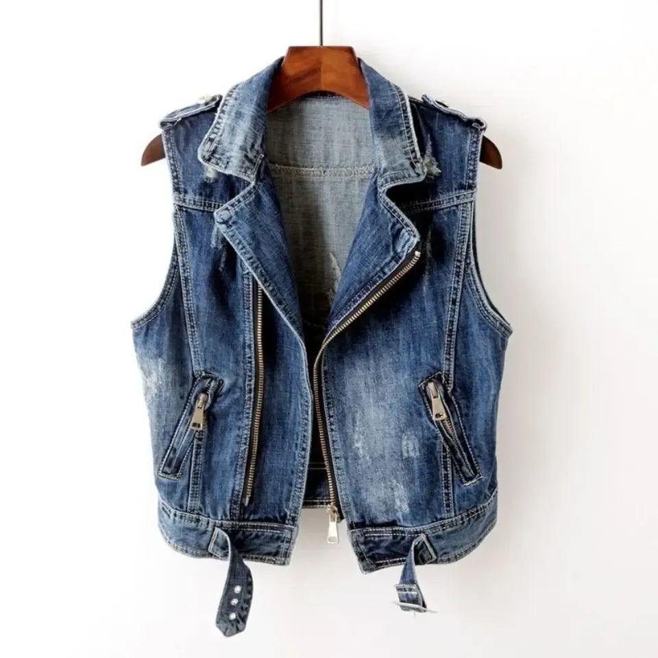 Mouwloos denim vest met biker uitstraling – Mila