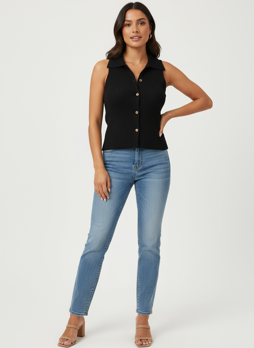 Mouwloze dames blouse met knoopsluiting - Elara