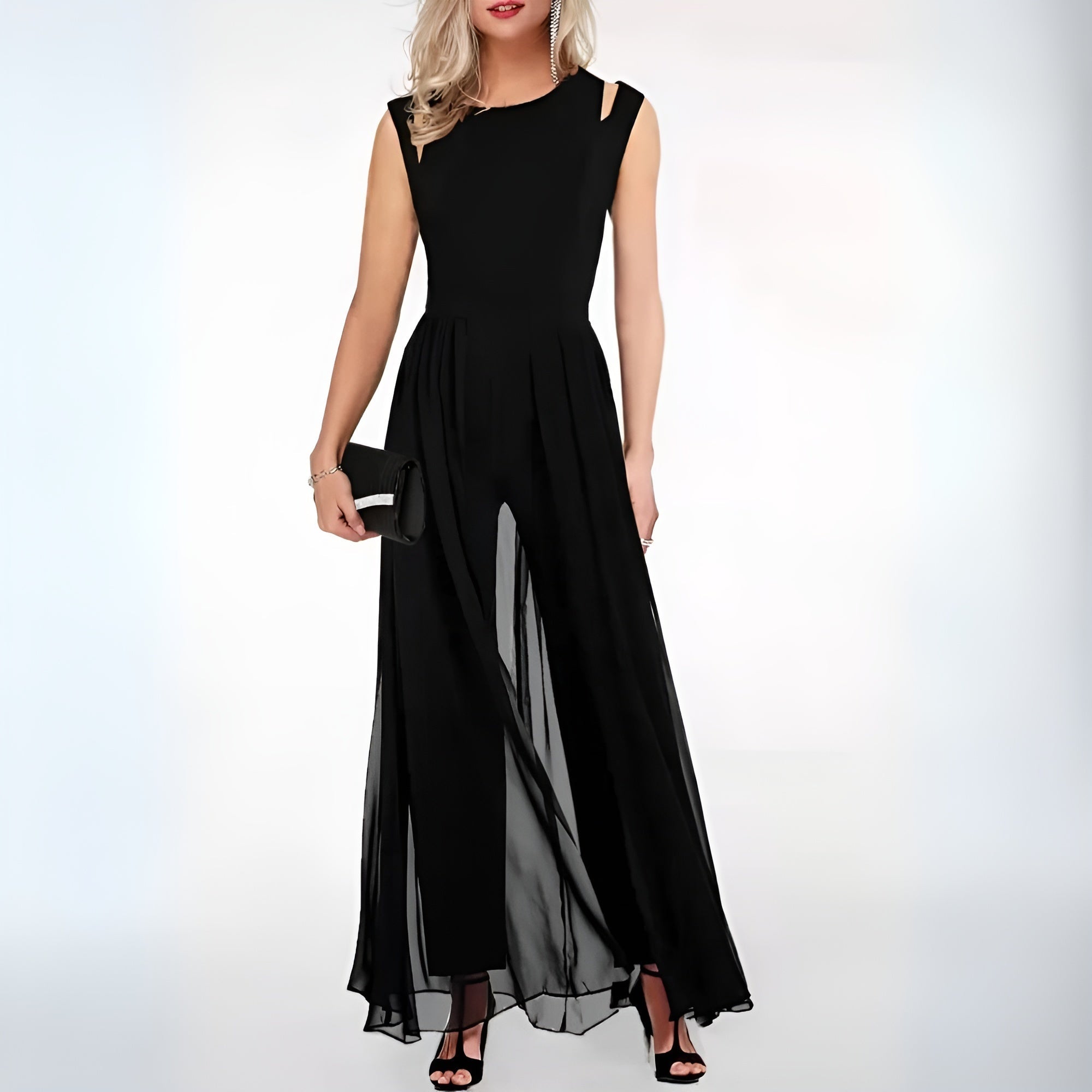 Mouwloze elegante jumpsuit met wijde pijpen en flowy overlay