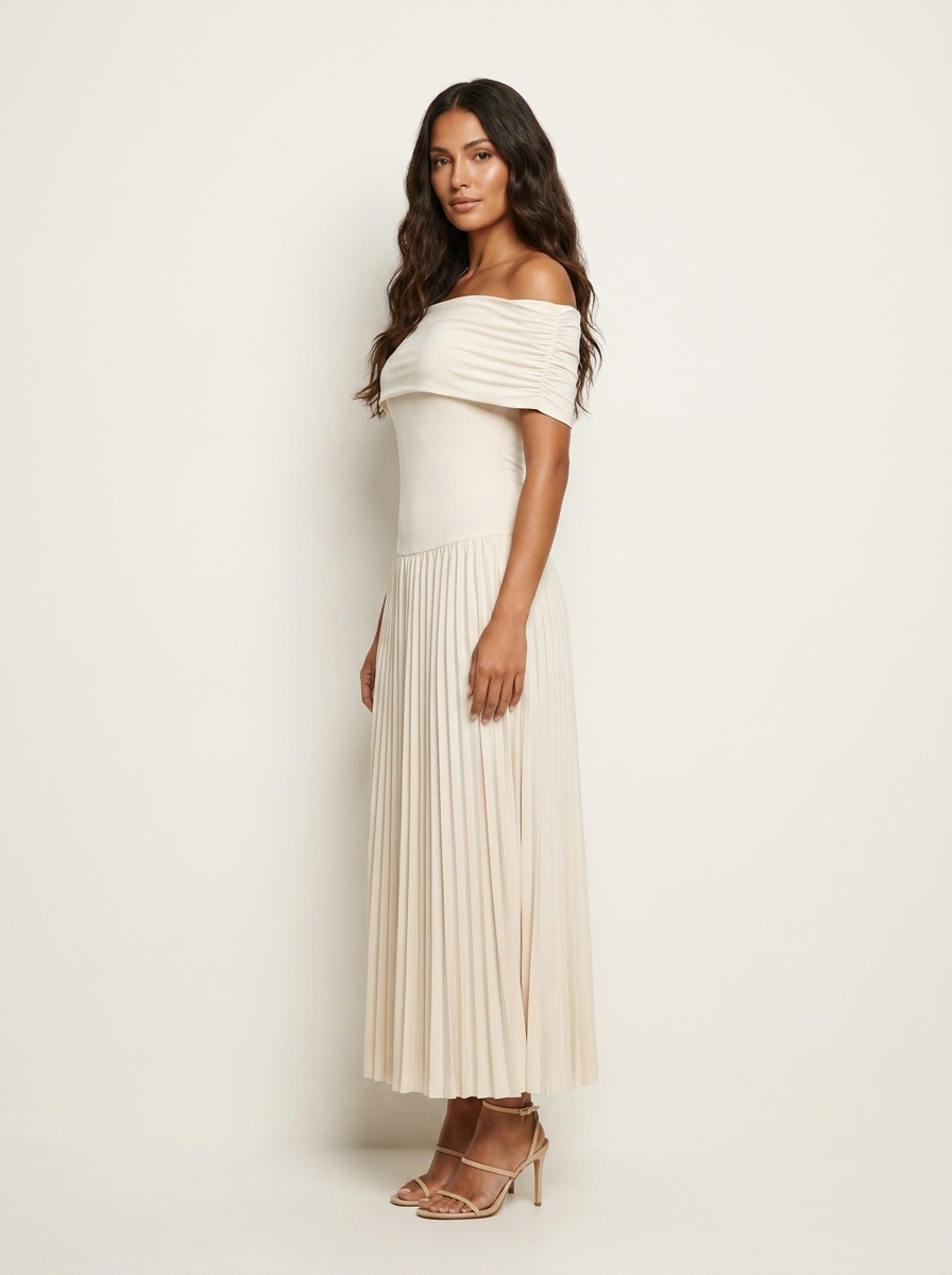 Off-shoulder geplisseerde midi jurk - Celeste