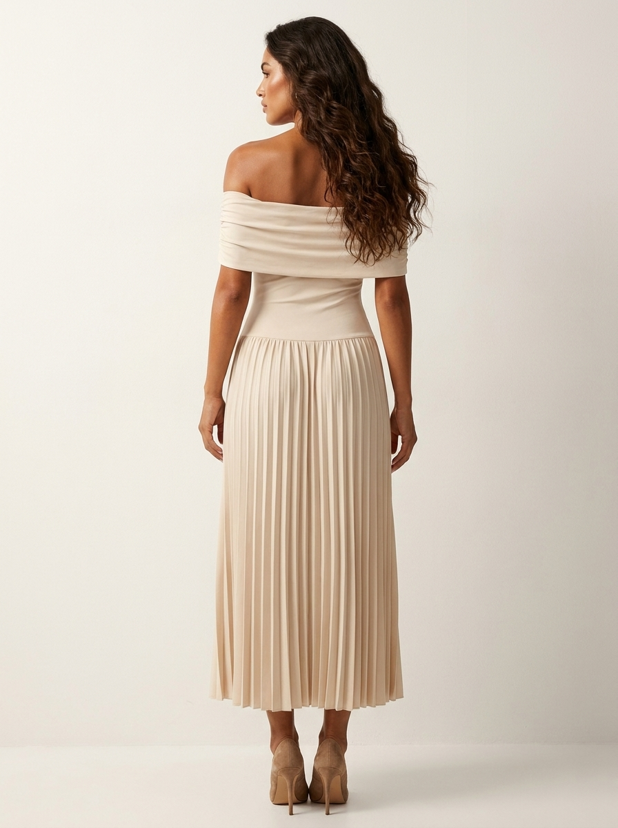 Off-shoulder geplisseerde midi jurk - Celeste