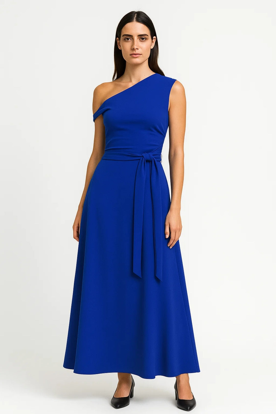 One-shoulder maxi jurk met tailleceintuur - Celeste