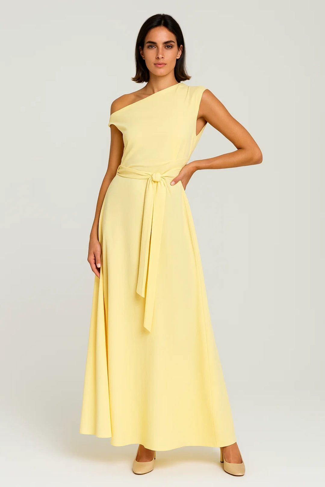One-shoulder maxi jurk met tailleceintuur - Celeste