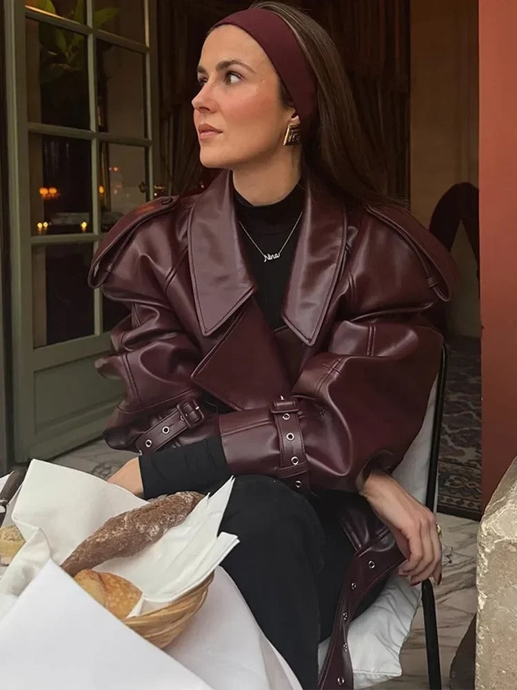 Oversized dames leren jack met ceintuurdetail – Alessia