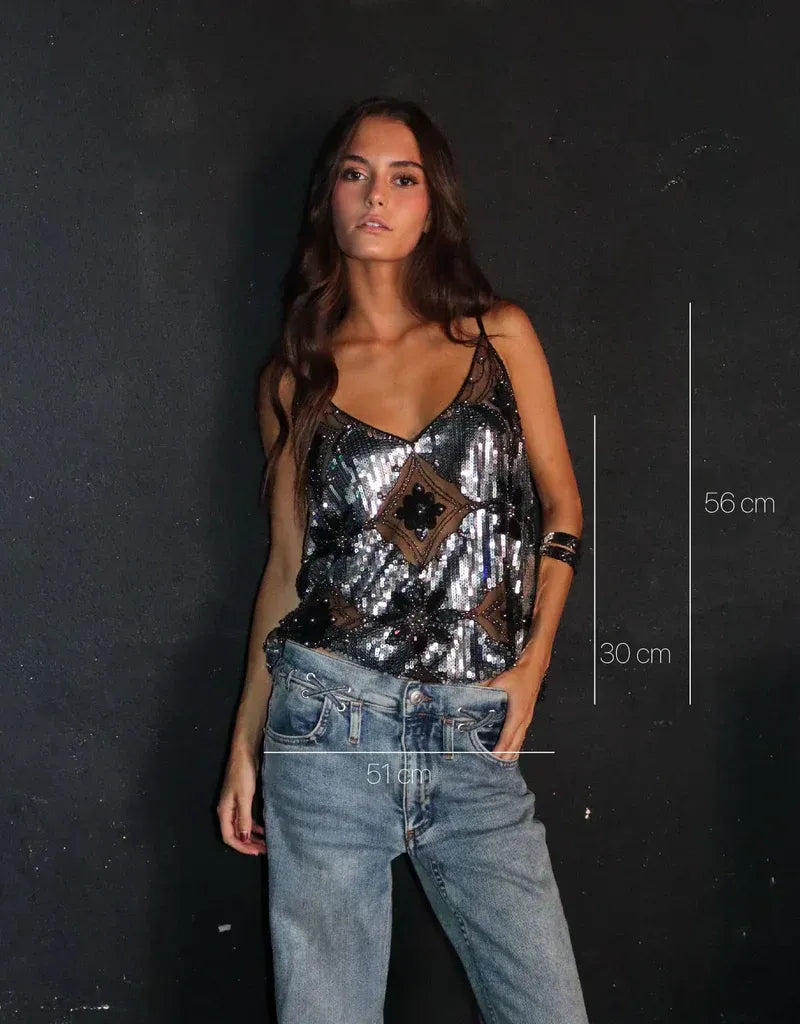 Pailletten V-hals top dames – Aurélie