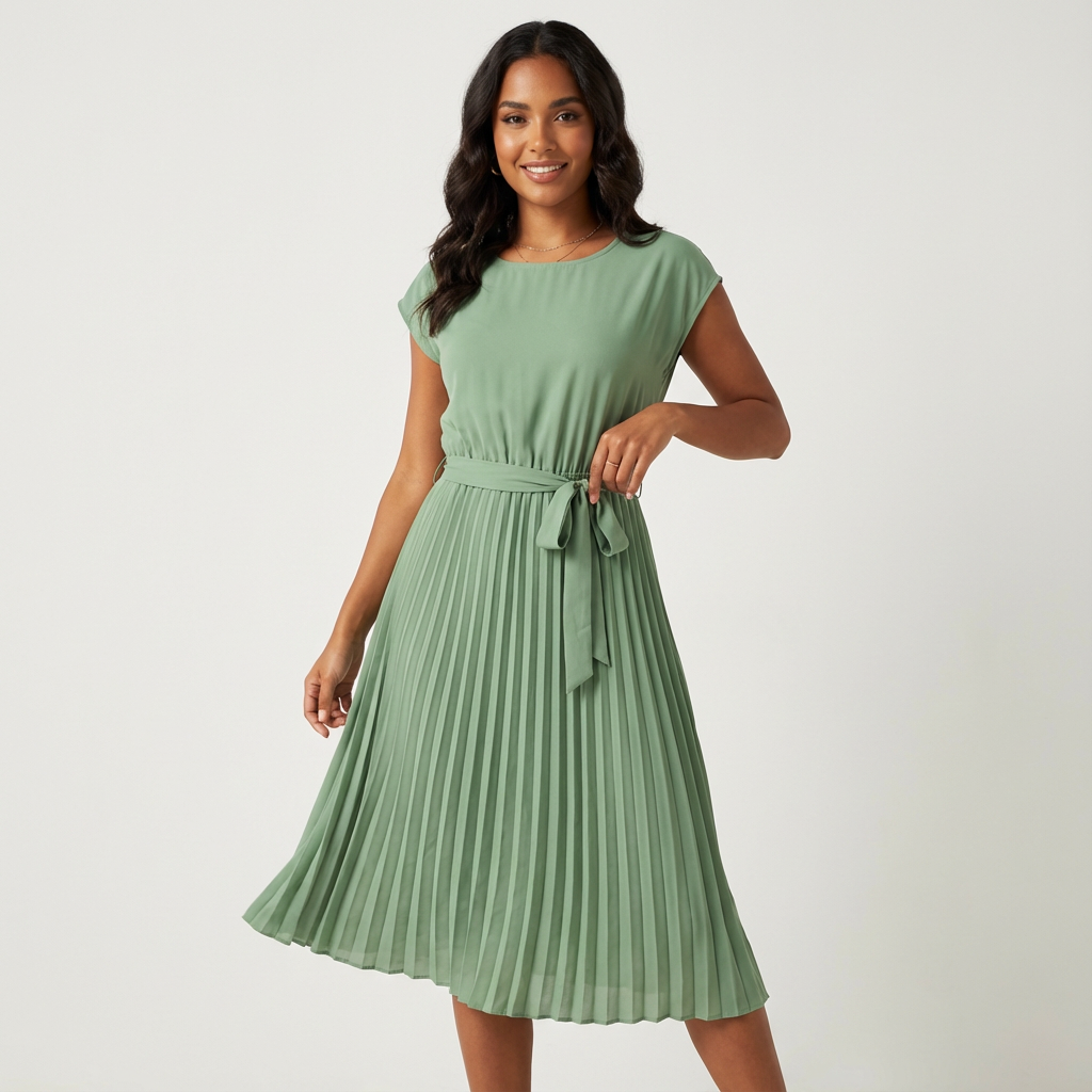 Plissé midi jurk met ceintuur