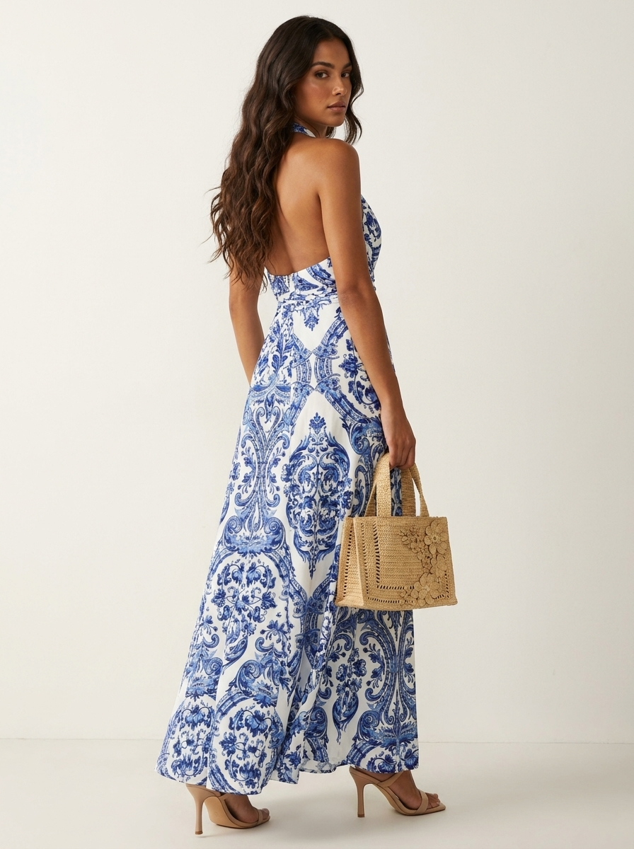 Porseleinprint halter maxi jurk - Isabella